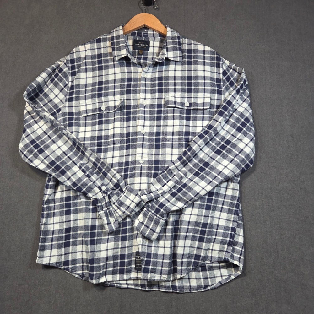 Lucky Brand Button Down Shirt Mens XL Blue White Plaid Long Sleeve Flannel